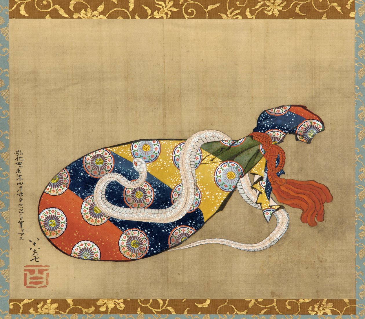 江戸時代の弁天のリュートと白蛇（1847年）（絹にインクと色） 作： 北斎勝鹿