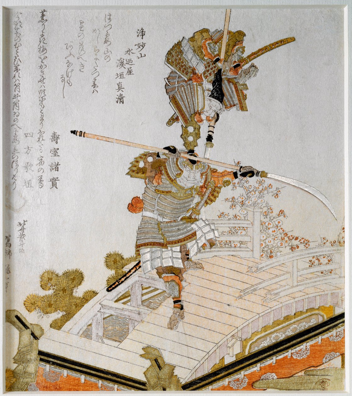 源義経と斎藤武蔵坊弁慶が五条の橋で戦った伝説の戦い 葛飾北斎（1760-1849）の京都版画「摺物錦絵」 P 作： 北斎勝鹿