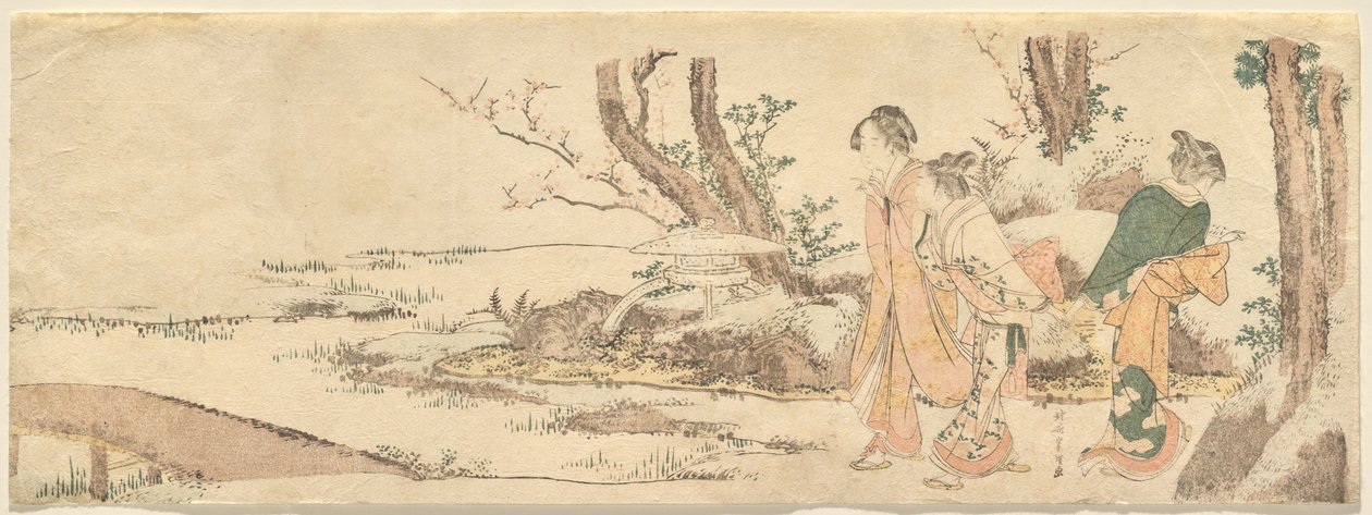 池のほとりにいる3人の女性 作： 北斎勝鹿