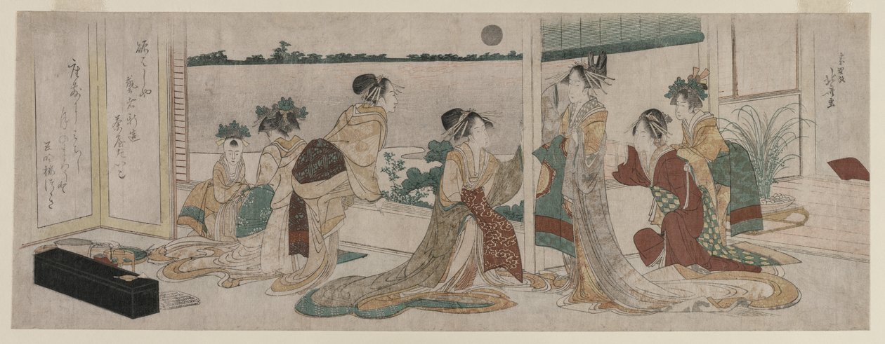 つかさと秋月の上昇を眺めている扇屋のその他の遊女...、1799年。 作： 北斎勝鹿