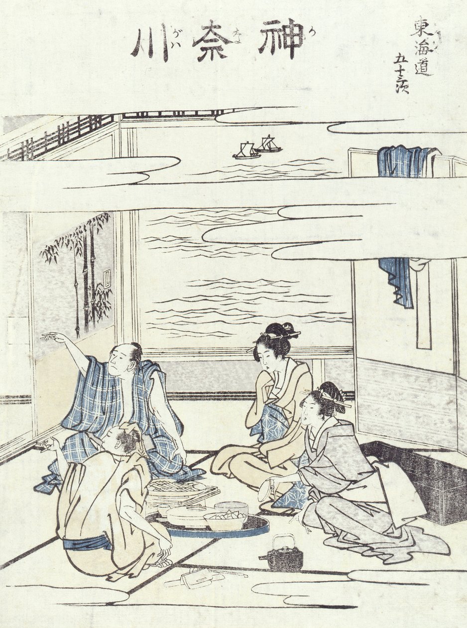 インテリアの2組のカップル（木版画） 作： 北斎勝鹿