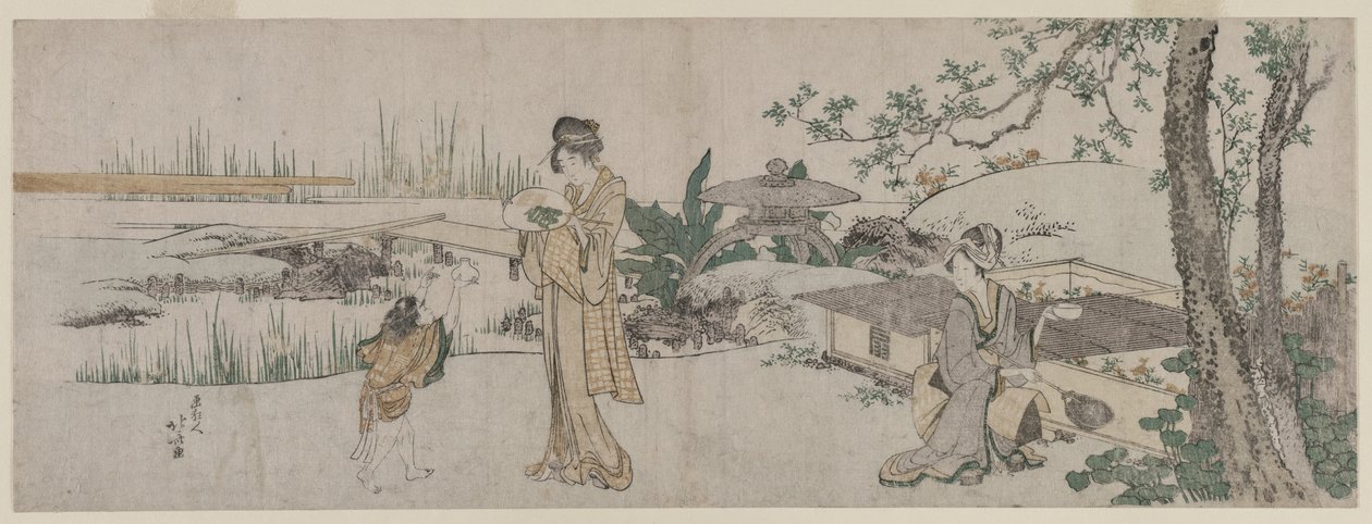 金魚の水槽の横の2人の女性と子供c。 1800。 作： 北斎勝鹿
