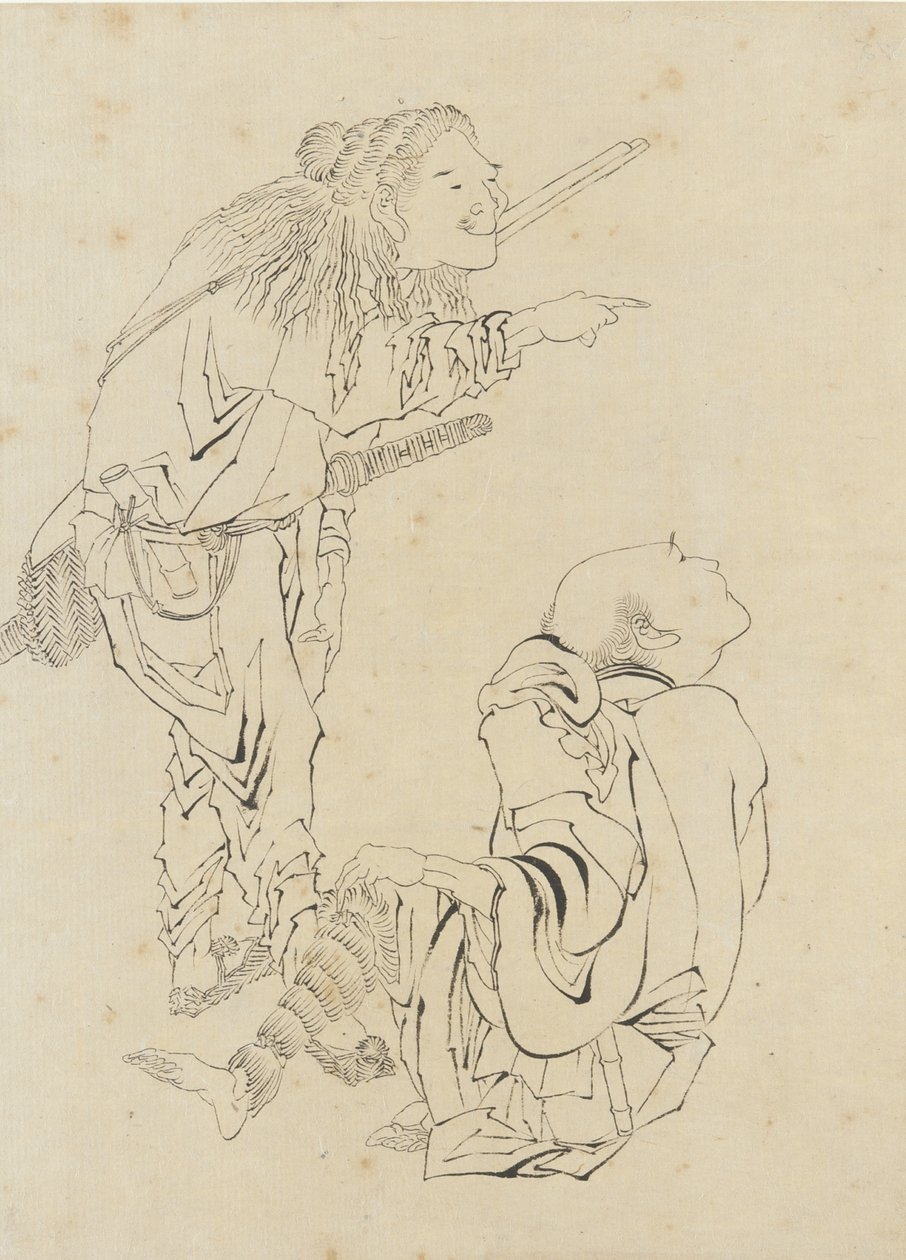 二人の狩人、江戸時代（紙にインク） 作： 北斎勝鹿