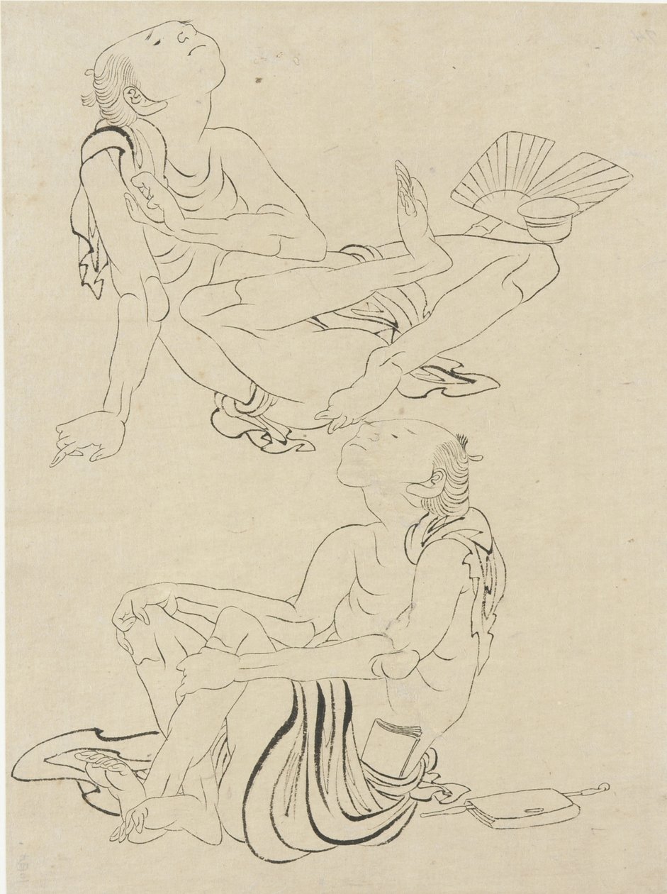 江戸時代の夏にくつろぐ二人の男（紙に墨） 作： 北斎勝鹿
