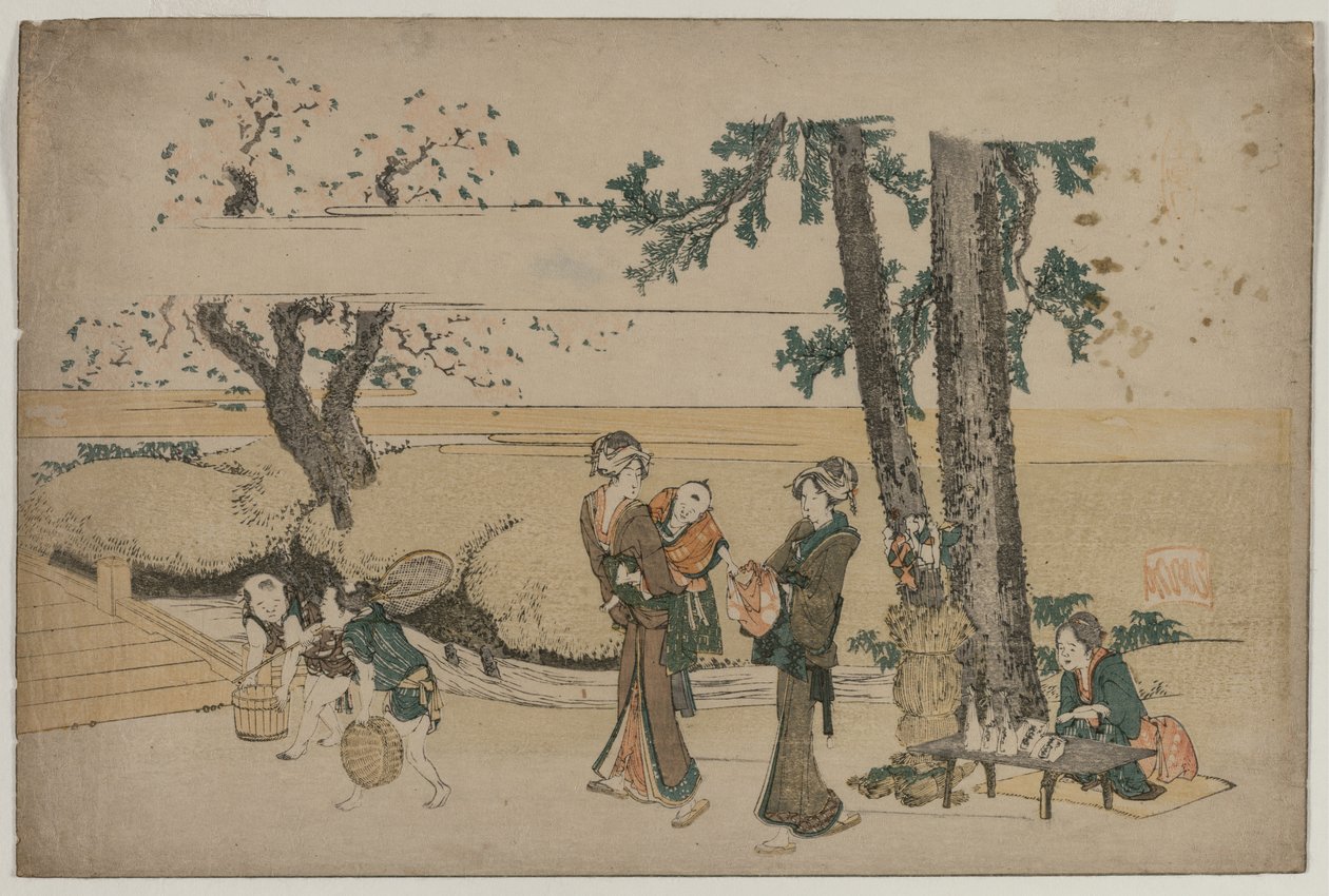 1800年代初頭、王子近くの道端のお店を通る女性。 作： 北斎勝鹿
