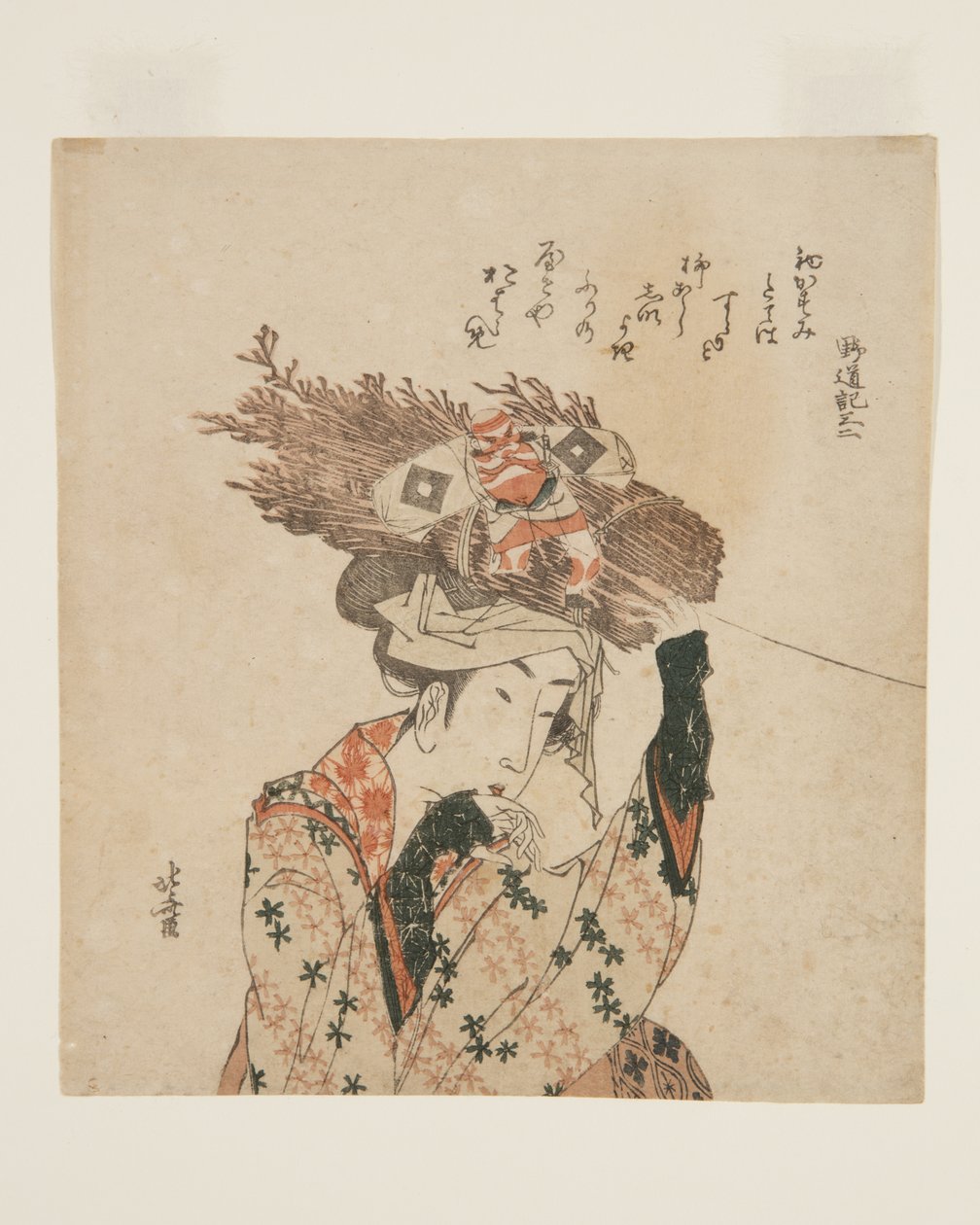 薪の束と凧を持つ "ハラ "の女（カラー木版画 作： 北斎勝鹿