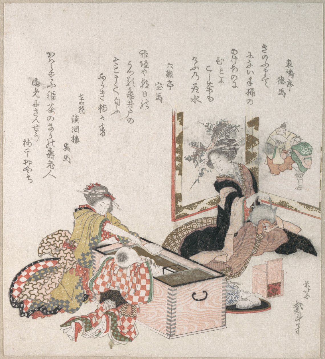 火鉢の周りに集まり、お茶を淹れている女性たち 作： 北斎勝鹿