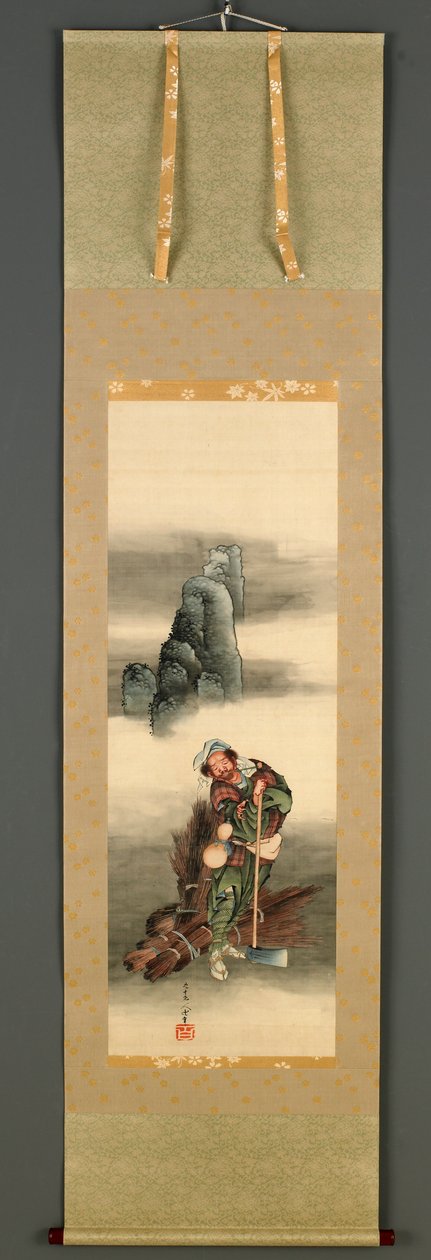 木こり、江戸時代、1849年（絹に墨と色） 作： 北斎勝鹿