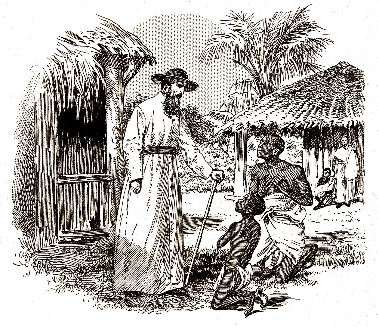 子供と父親の改宗を実践するアフリカのカトリック宣教師、1900年頃（彫刻） 作： 無名の画家