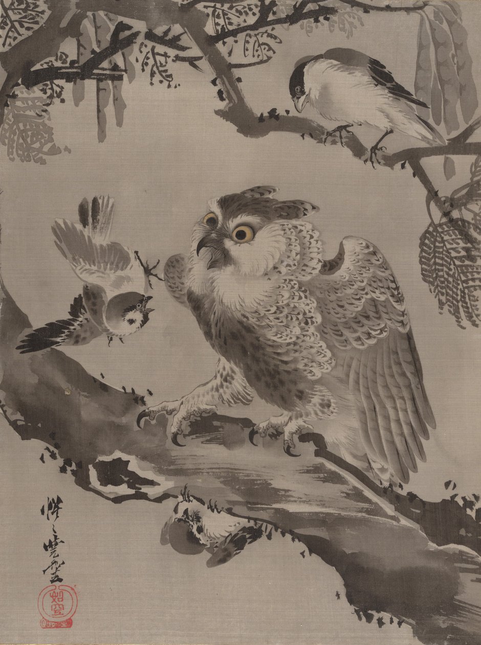 小鳥にからかわれたフクロウ1887。 作： 川鍋K菜
