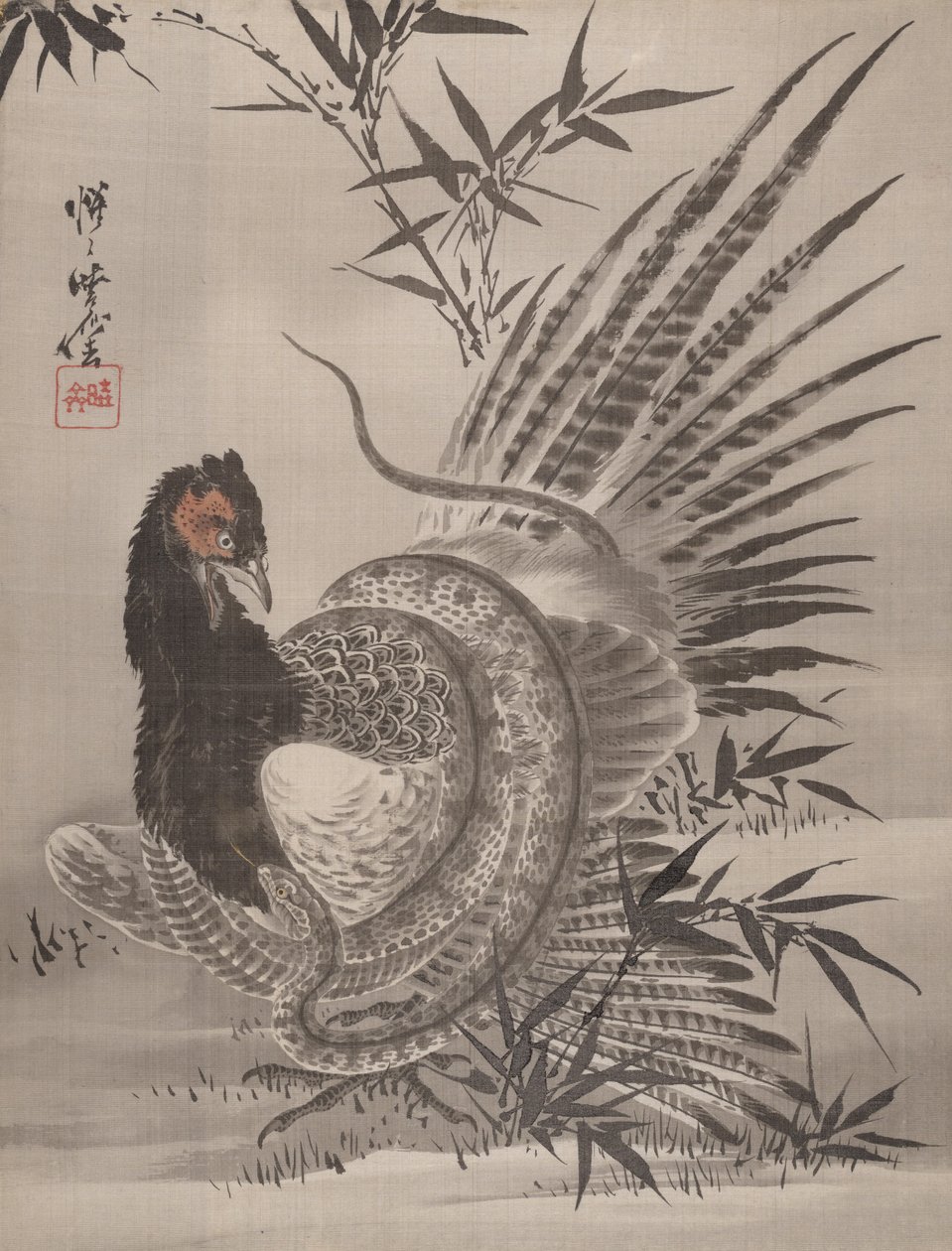ヘビに捕まるキジ、カリフォルニア州。 1887年。 作： 川鍋K菜