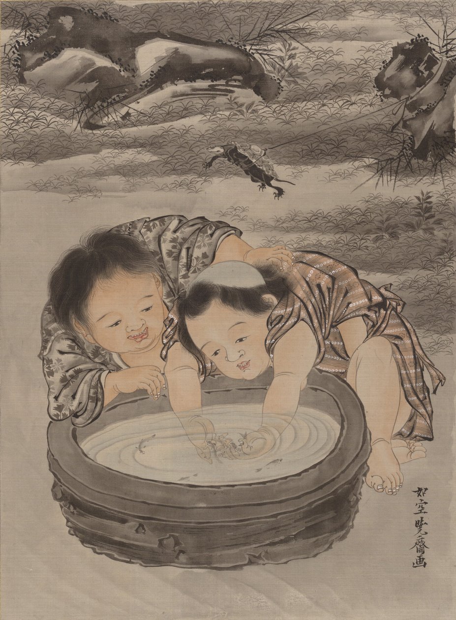 金魚で遊ぶ2人の子供1887。 作： 川鍋K菜