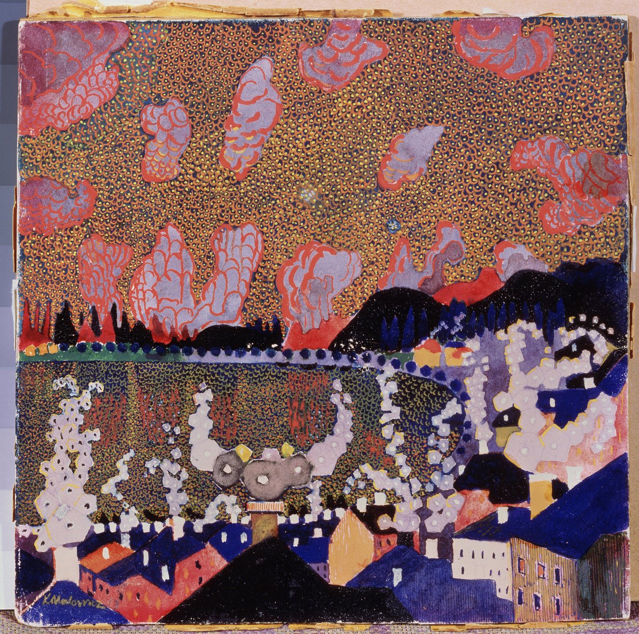 小さな町。 Kasimir Severinovich Malevitch（Malevich、Malevic）（1878-1935）による絵画、ボール紙に油彩 作： カジミール・セヴェリノヴィチ・マレーヴィチ