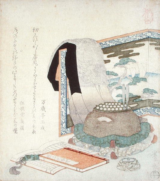 毛皮のコートがあるスクリーン、1825〜30年頃（色木版画） 作： 圭西鉄