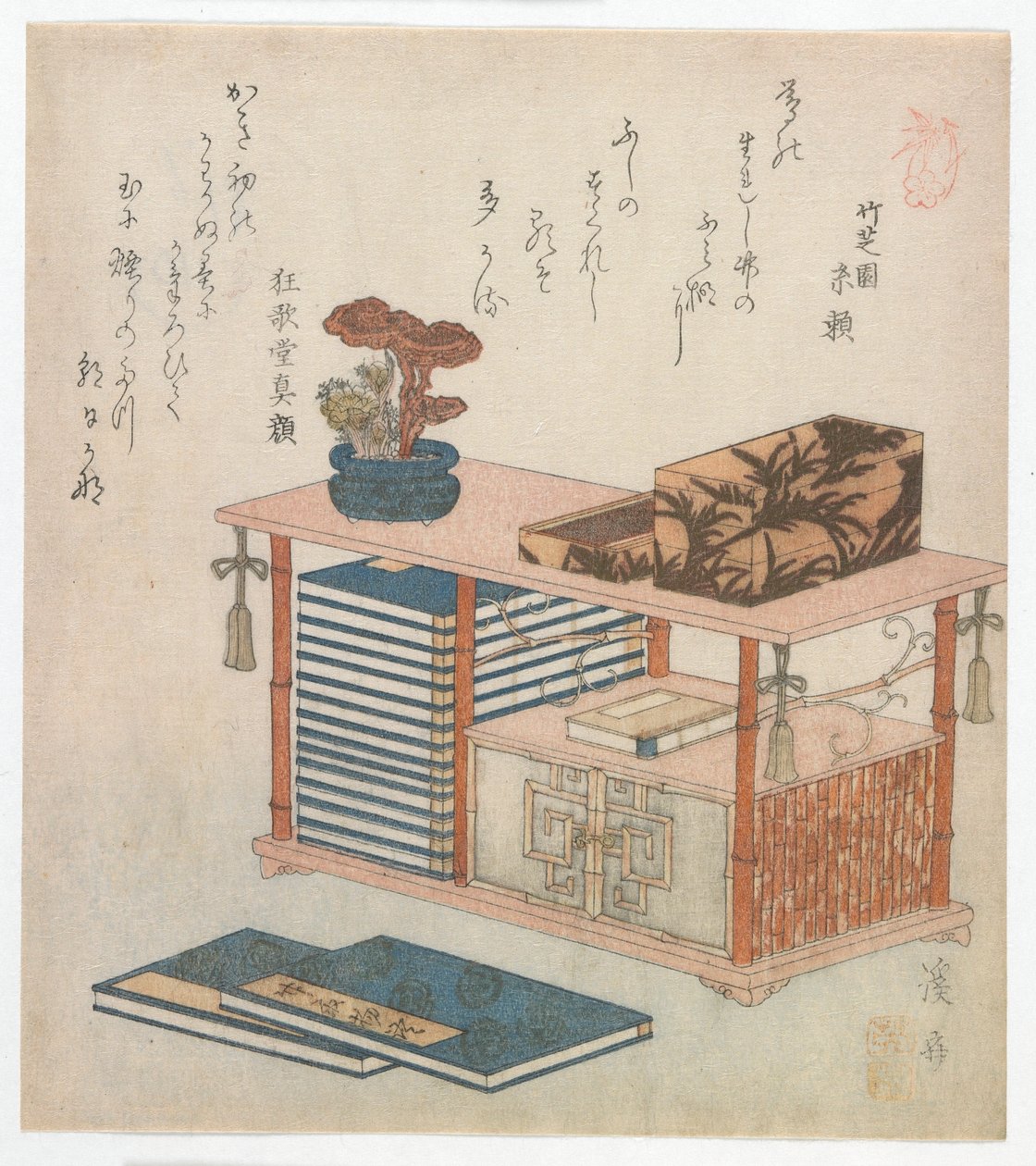 書棚を描いた摺物、江戸時代、1810年代後半から1820年代前半（カラー木版画） 作： 圭西鉄