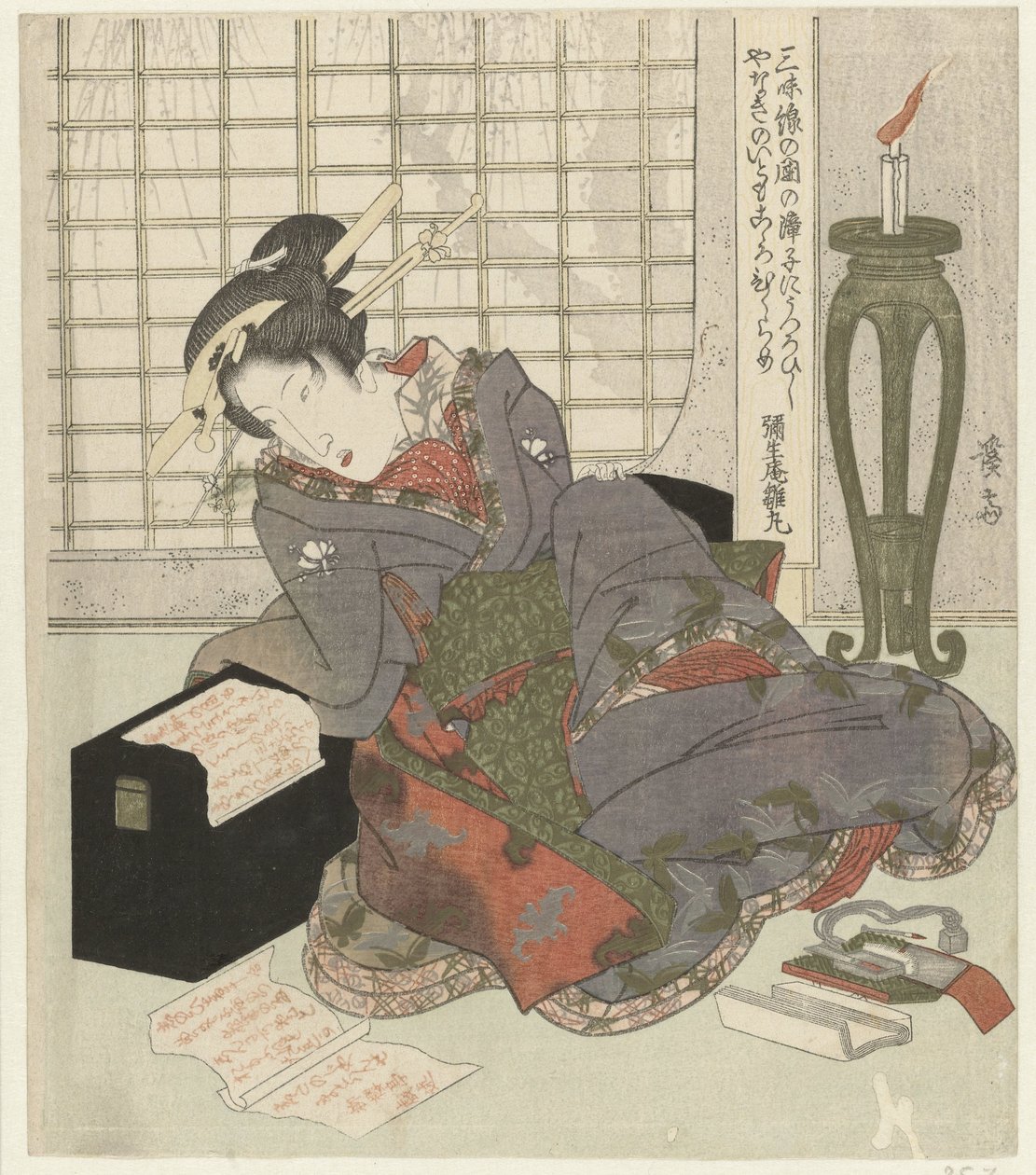 三味線の箱に寄りかかる芸者 作： 圭西鉄