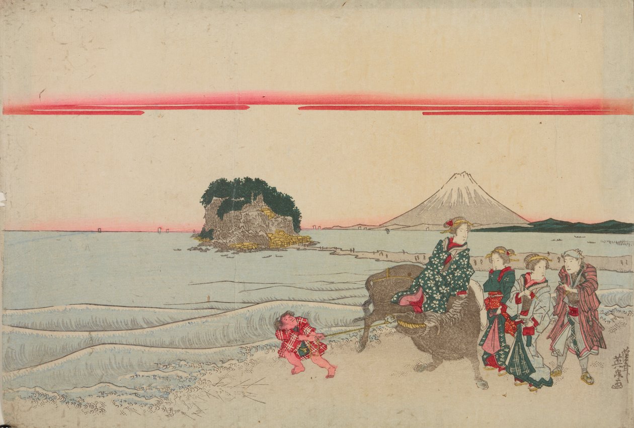 江の島を背景に、海辺の水牛に乗る女、子供と三人の通行人 作： 圭西鉄