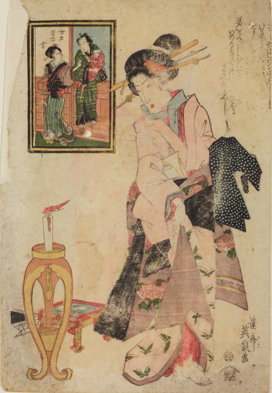 燃えるろうそくを立てた燭台のそばの女性 作： 圭西鉄