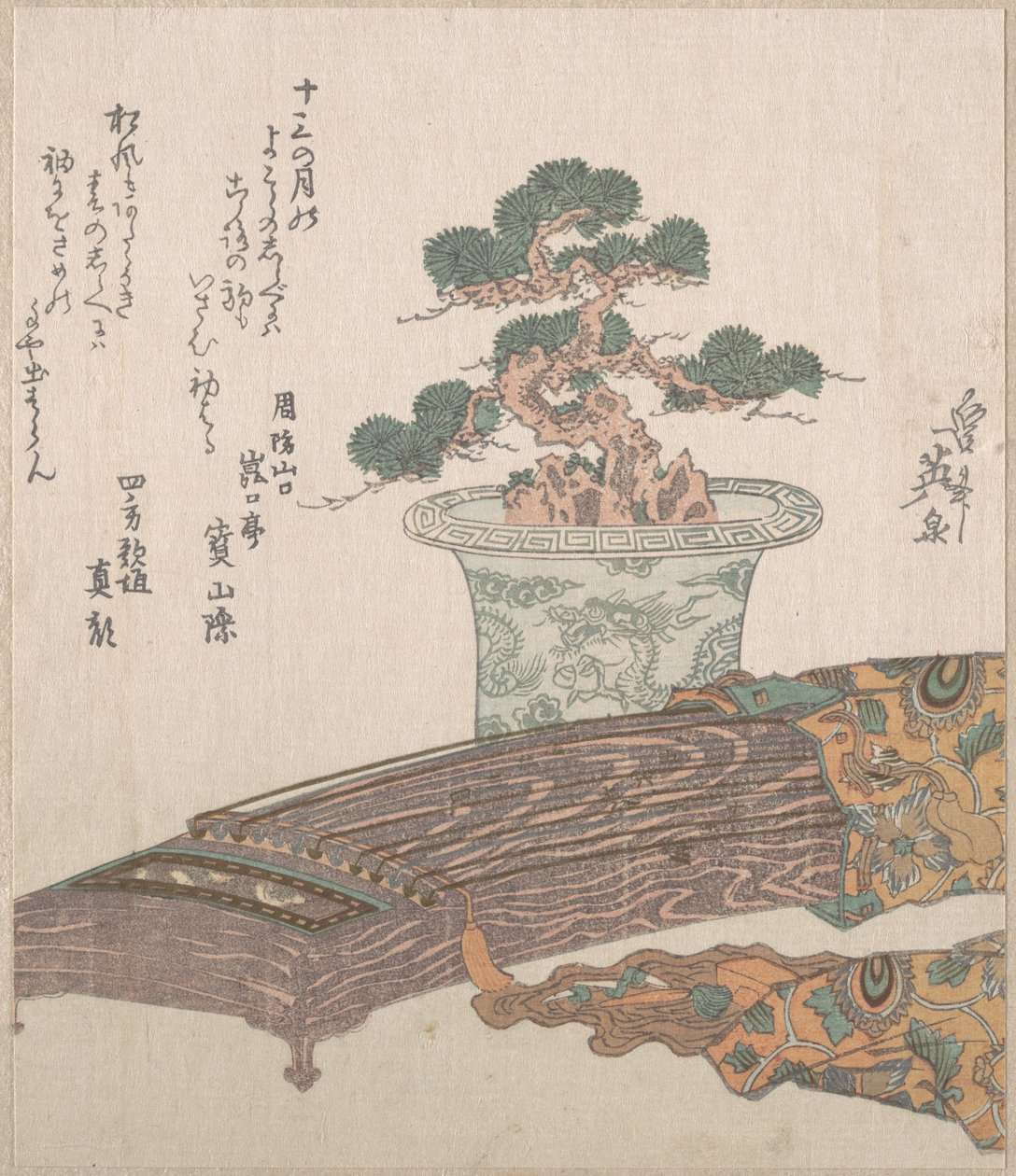 鉢植えの松と箏（日本のハープ） 作： 圭西鉄