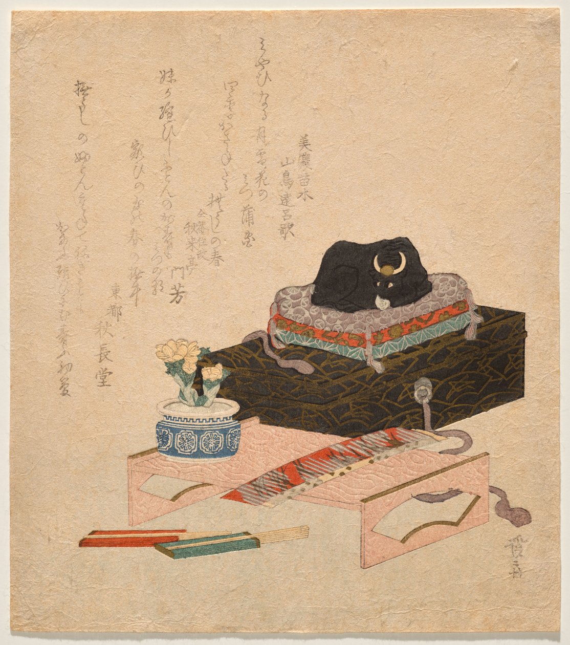 陶器の「撫で牛（ナデウシ）」を添えた静物画 作： 圭西鉄