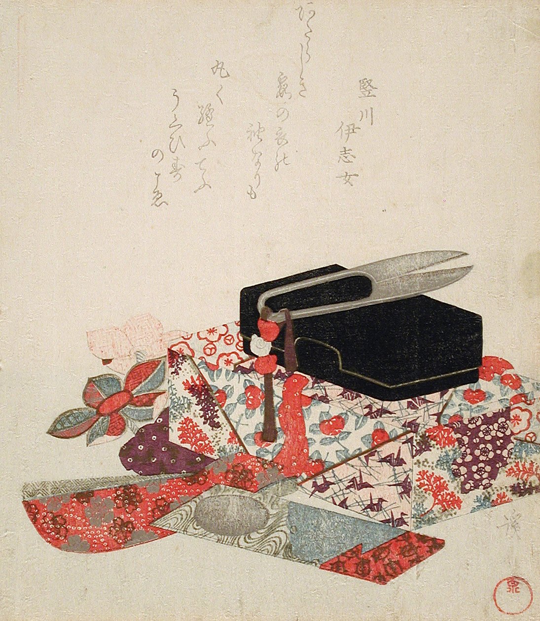 裁縫箱、はさみ、髪飾り用の布のある静物 作： 圭西鉄