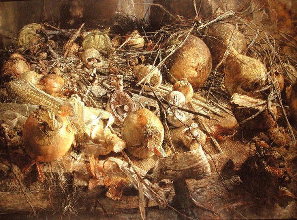 タマネギ、マッシュルーム、トウモロコシのある静物画（油彩・キャンバス） 作： ケネス・ニュートン