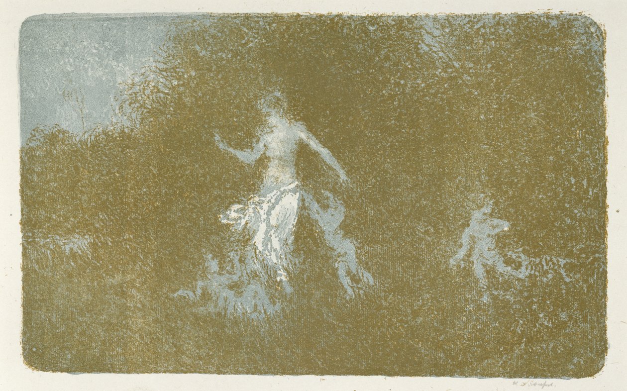 Amour jouant aupres dune nymphe（Love Playing With a Nymph）、c。 1900（カラーのリトグラフ） 作： ケルザビエルルーセル
