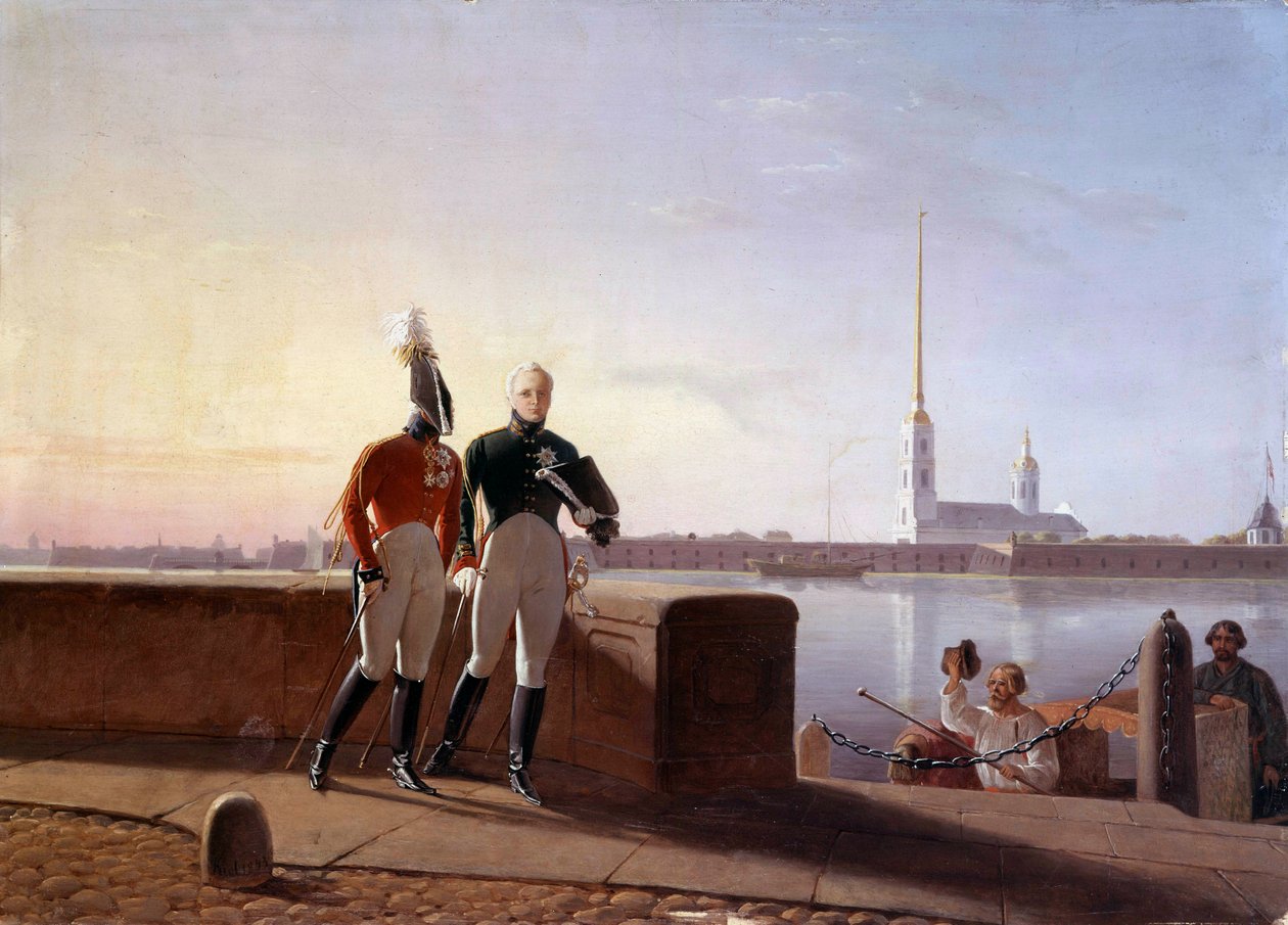 ロシア皇帝アレクサンドル 1 世 (1777-1825) と弟のコンスタンティヌス キル (19 世紀) によるネヴァの絵画 エルミタージュ美術館、サンクトペテルブルク 作： キル