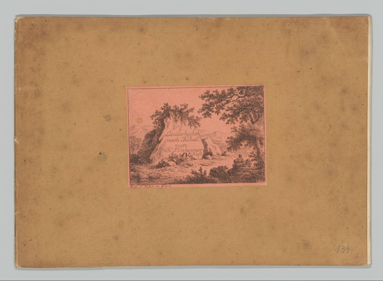丘陵風景のタイトルプリント入り表紙 VI Landschaften nach Kobell von K. Ponheimer IV. 重さ (オブジェクトのタイトル) コベル以降の風景（連載タイトル） 120 Radierungen nach F. コベル (シリーズタイトル) VI Landschaften nach Kobell von K. Ponheimer (シリーズ 作： キリアンポンハイマー（I）
