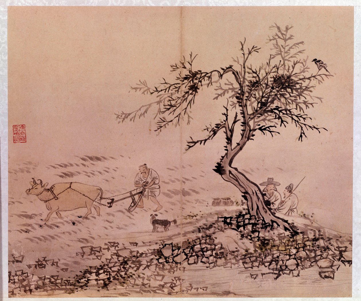 Art coreen: 耕すシーン。 キム・ホンド (Kim Hong-do) またはタンウォン (1745-ca. 1806) の版画 作： キム・ホンド。