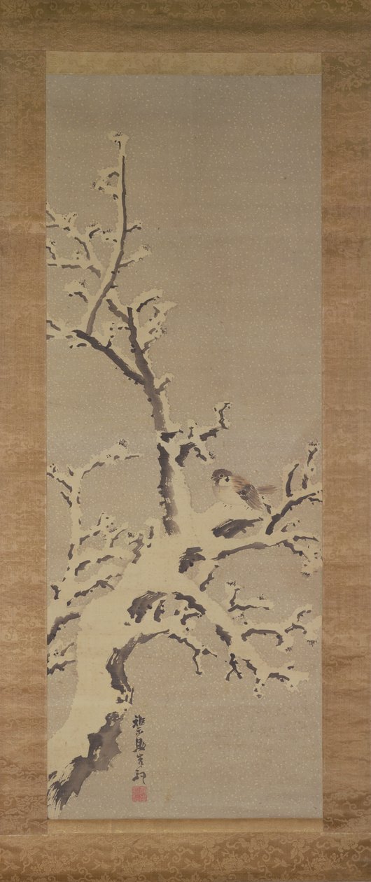 吹雪の中の木の上のスズメ、c.1800（紙の色） 作： 岸がんく