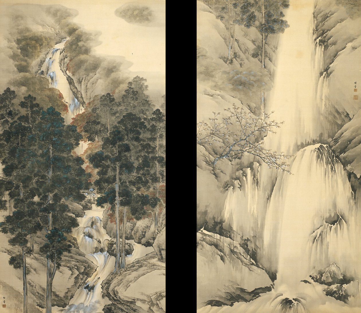 春と秋の滝2つの掛け軸のセット、1893 作： 岸竹堂