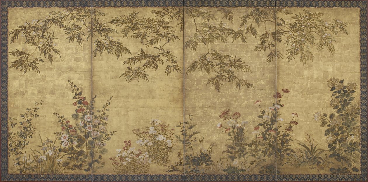 ミモザの木、ポピー、葵、その他の花、江戸時代、1630〜70年（インク、紙の上に色と金色） 作： 北川総雪