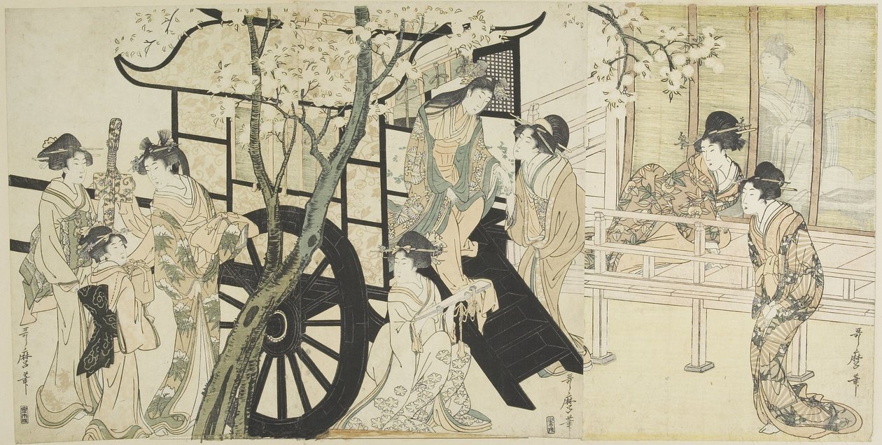 （帝国の馬車のシーンに例えられた桜を見る）、c。 1798 作： 北川歌ro