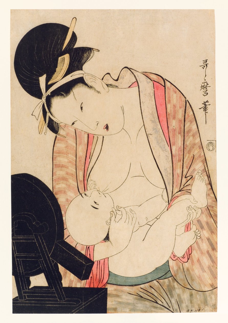ミラースタンドの前で子供に授乳する母親、c.1800-04（木版） 作： 北川歌ro