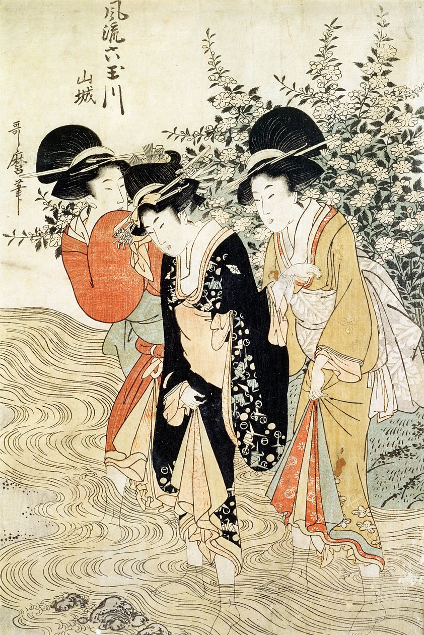 1790年に出版された山城県の「ファッショナブルシックスジュエルドリバーズ」の川を漕いでいる3人の女の子（カラーの木版画） 作： 北川歌ro