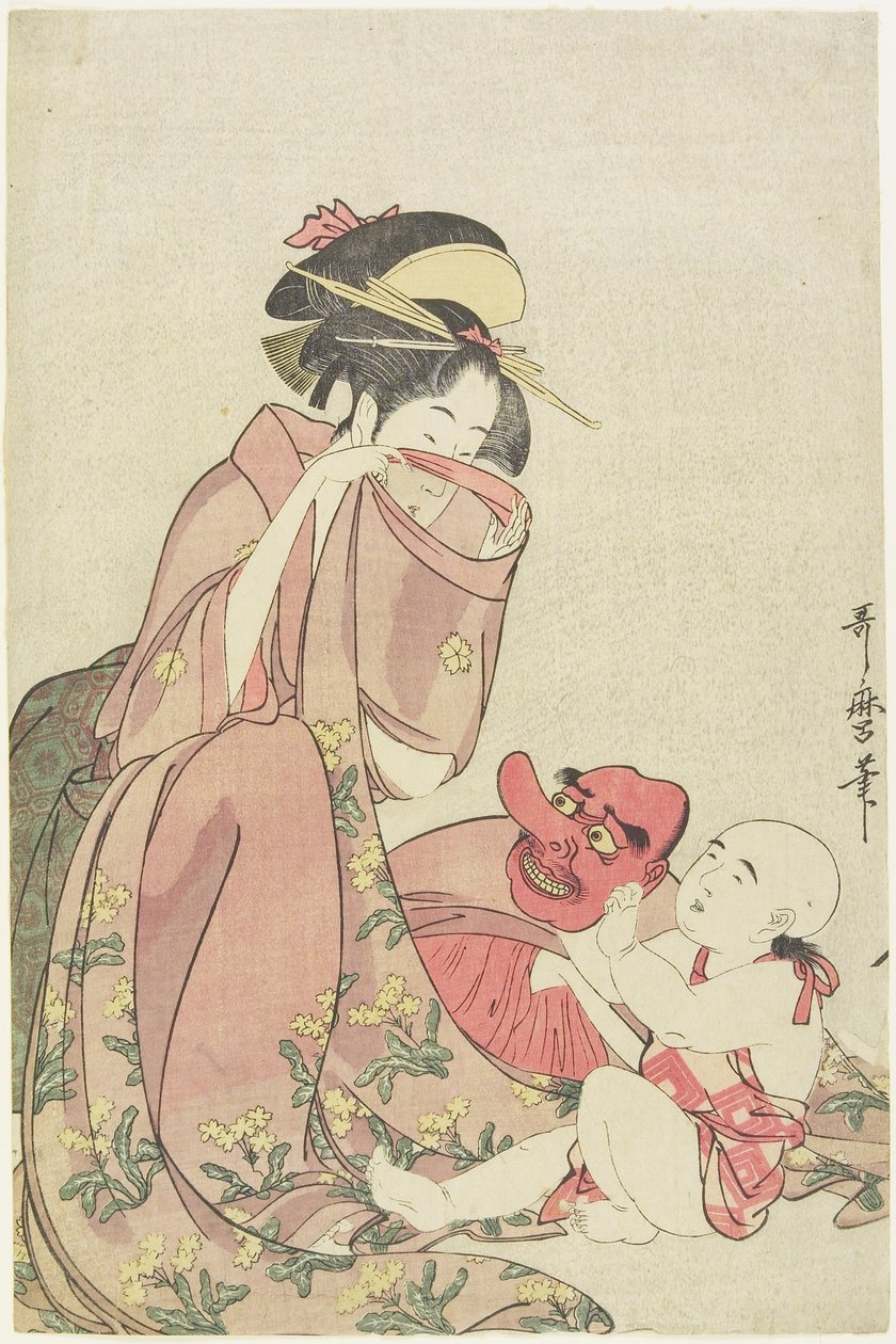 天狗の仮面を持った子供と遊ぶ女性、1795-1802 作： 北川歌ro