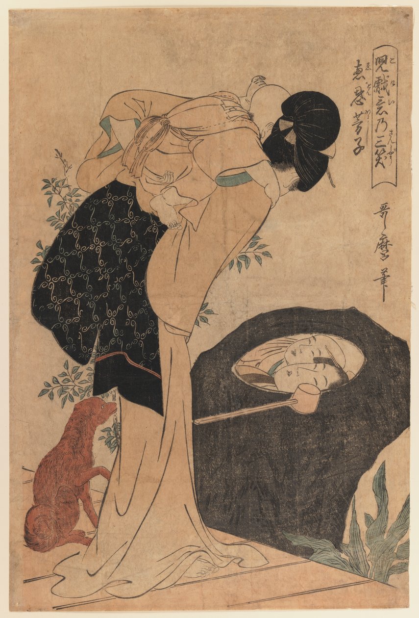 女性と子供、1800年（版画） 作： 北川歌ro