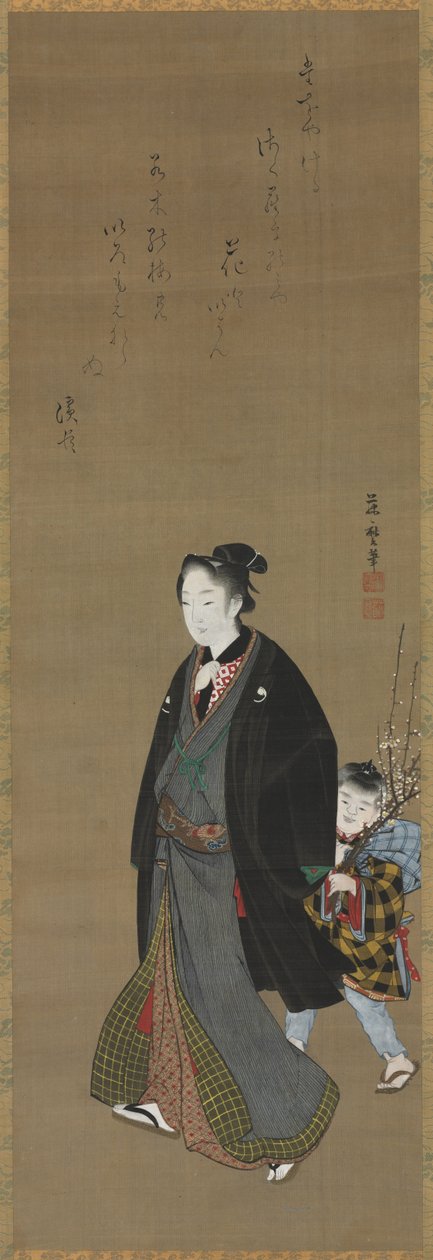 花の枝を持った少年と散歩する男性 1810年頃 作： 北川藤マロ