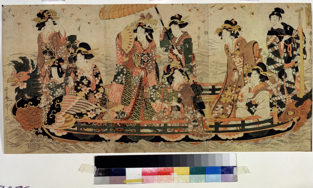 桜を愛でる（花見）（お花見、花見）。 二代目喜多川歌麿（?-1831）の版画。 カラーエッチング、37 x 76 cm。 東洋美術。 プーシキン美術館、モスクワ 作： 北川II歌麿