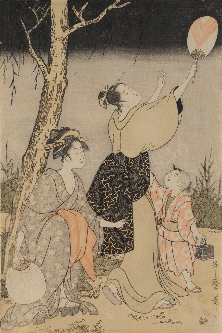 左側の柳の木の下でホタルを捕まえるc。 1796-1797。 作： 北川歌ro