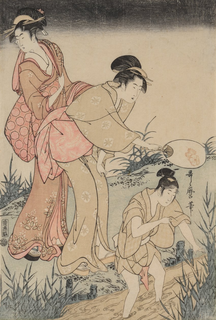 柳の木の下でホタルを捕まえるc。 1796-1797。 作： 北川歌ro