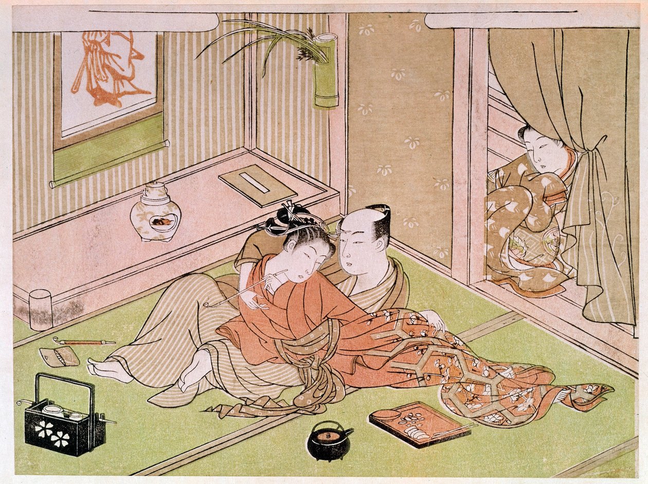 侍女の視線の下で愛撫するカップル 喜多川歌麿（1753-1806）の日本の版画。18世紀パリ、ギメ美術館、国立アジア美術館 作： 北川歌ro