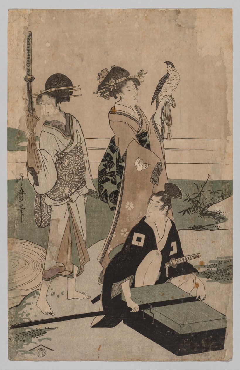 1753年から1806年の富士近くの平野で小川を横切る大神と彼の従者 作： 北川歌ro