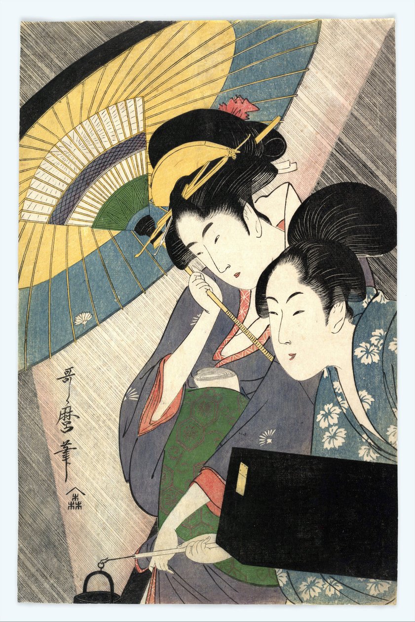 歌麿・喜多川（1753-1806）の「傘をさす二人の女」。 作： 北川歌ro