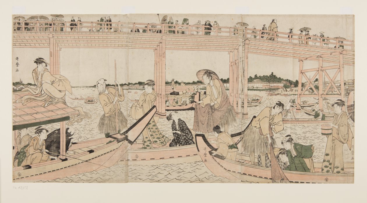 両国橋に網を張った漁船（カラー木版画 作： 北川歌ro