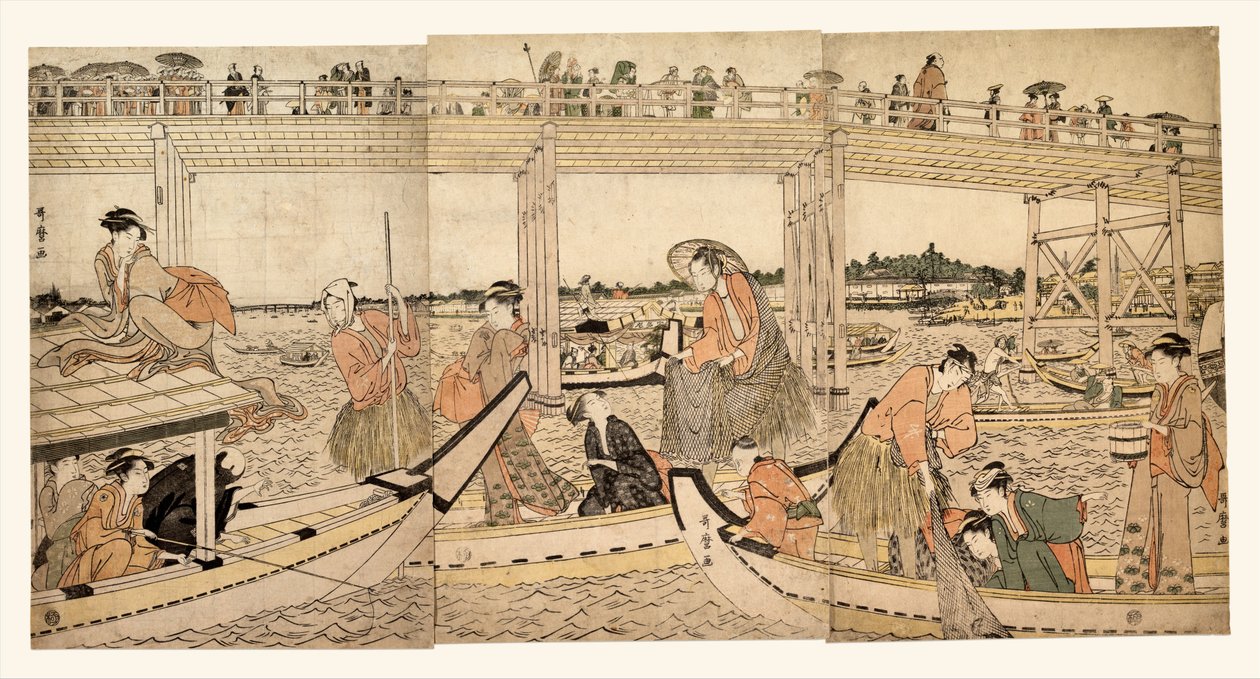 両国橋の下で網を張る漁船 作： 北川歌ro