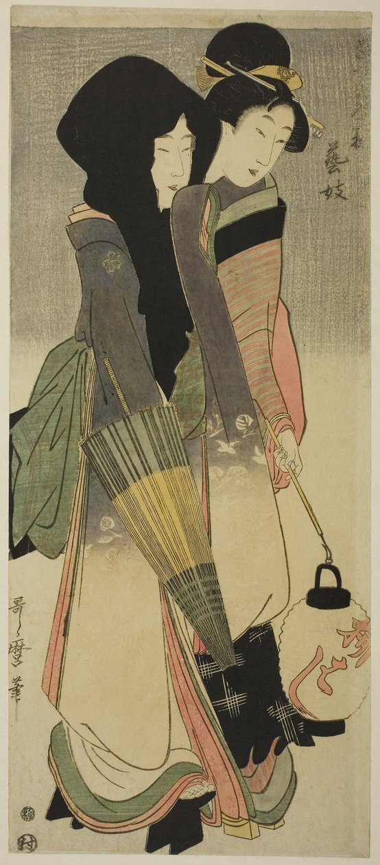 シリーズからの芸者（芸妓）、現代美人の3つの娯楽、1800年頃（カラー木版画、長大判） 作： 北川歌ro