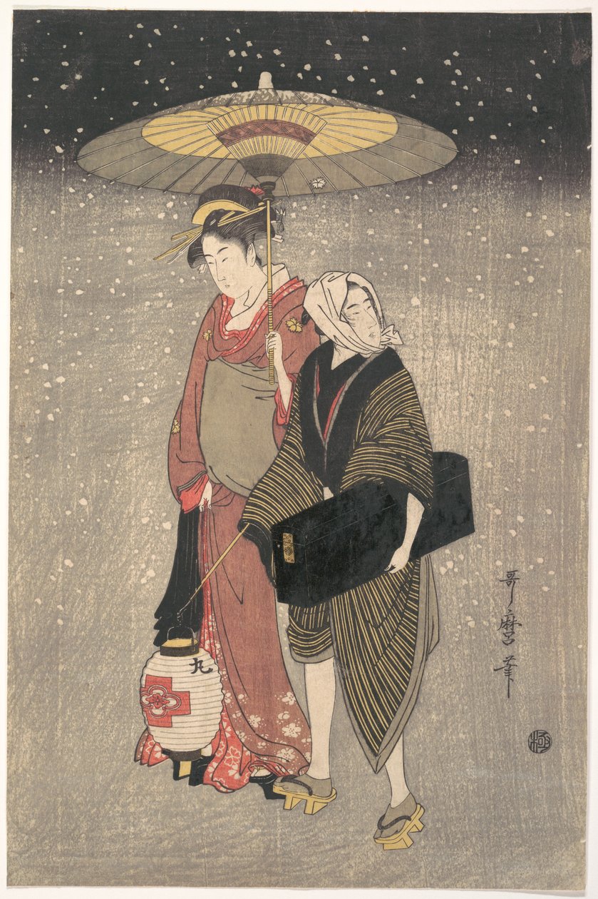 夜の雪の中を歩く芸者 作： 北川歌ro