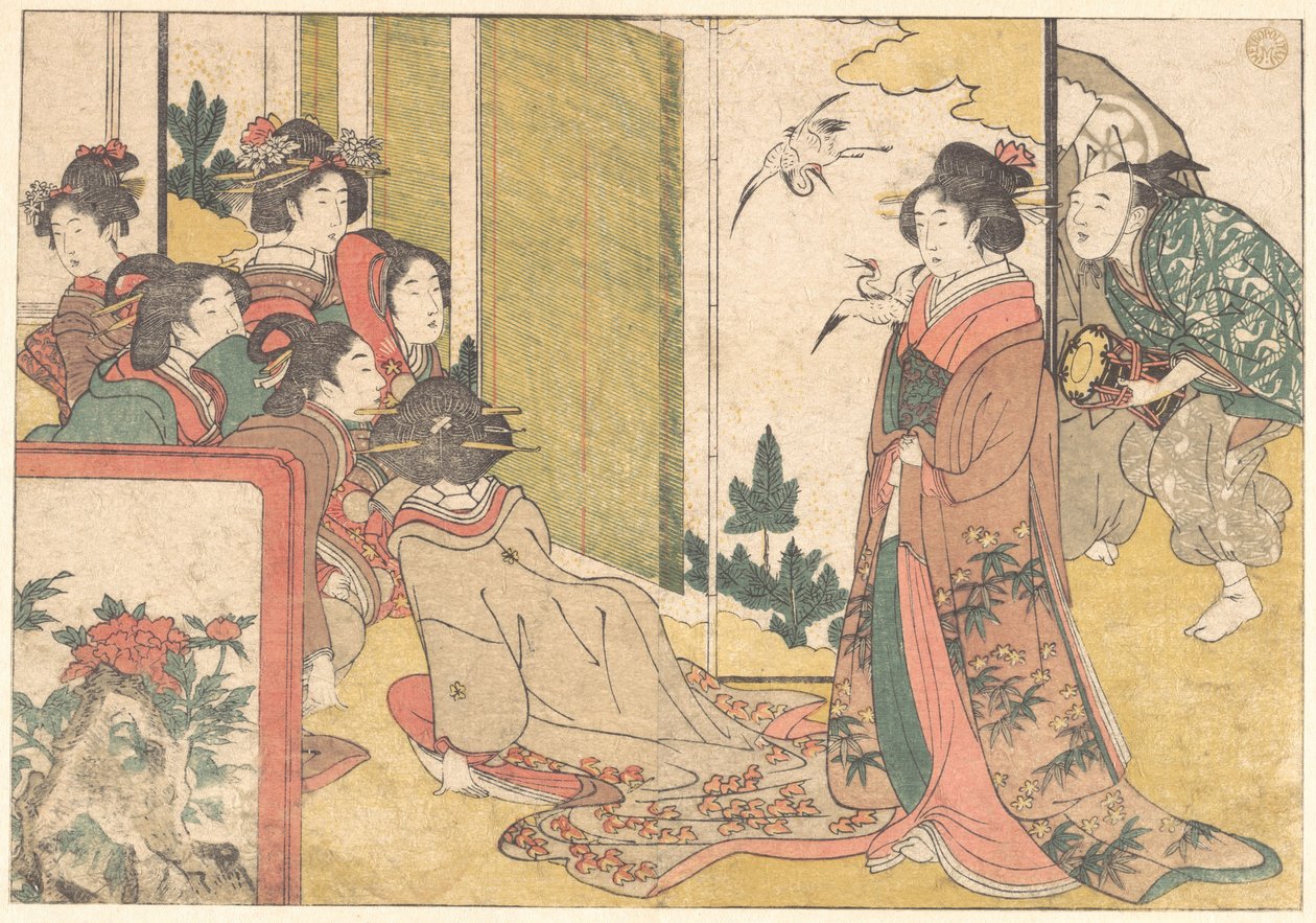 絵入り本『四季の花』より、芸人に楽しませられる少女たち 作： 北川歌ro